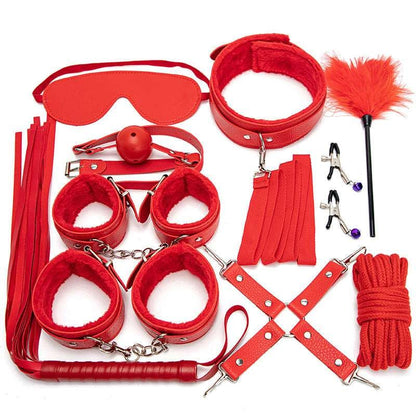 Collection of red bondage and BDSM accessories and equipment.