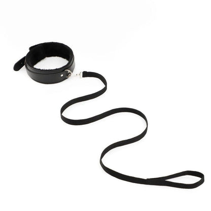 Black leather collar with attached leash.