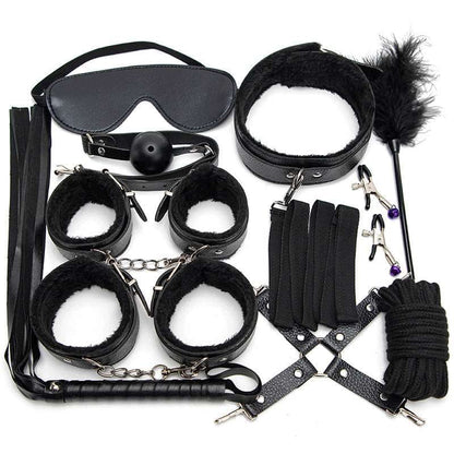 BDSM kit containing various bondage and sensory deprivation accessories.