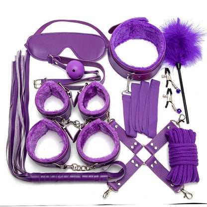 Collection of purple bondage and fetish accessories including restraints, rope, and a blindfold.