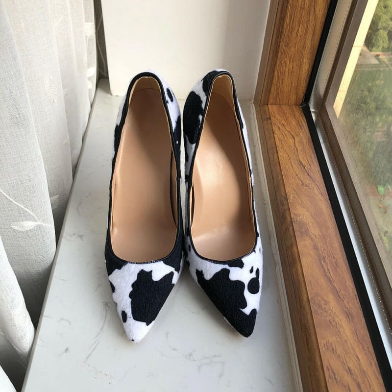 Cow Print Hairy Flock Pointed Toe Unisex Shoes 8cm White