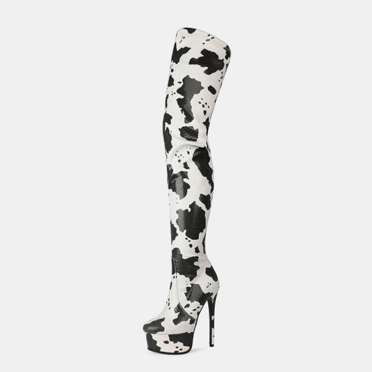 Cow Print Thigh Length Platform Boots for Bold Style White