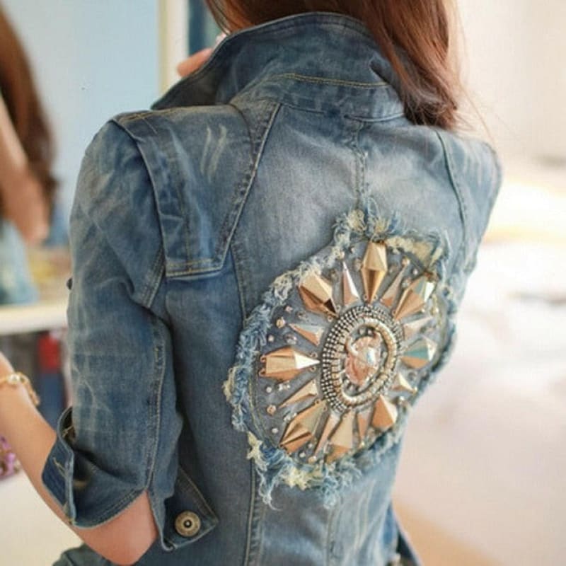 Cowboy Coat Diamond Half Sleeve Denim Blue Jacket