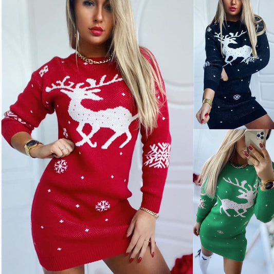 Christmas-themed knit sweater dresses featuring reindeer designs in red, blue, and green colors.