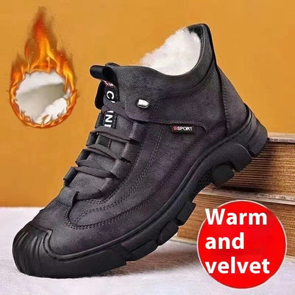 Dark gray athletic shoe with white interior lining and a flame icon, labeled ’Warm and velvet’.