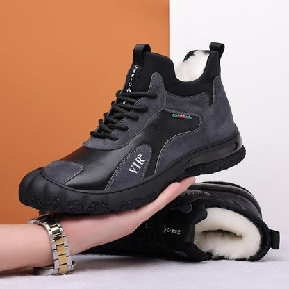 Black athletic sneaker with fur lining and rugged sole.