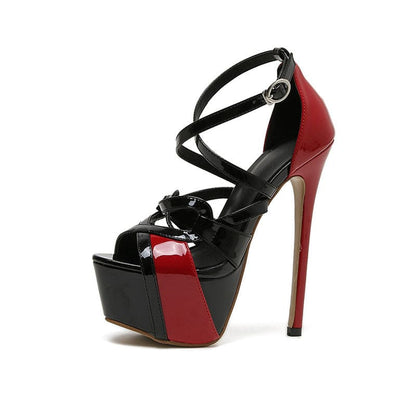 High-heeled platform sandal with black and red color-blocking and strappy design.