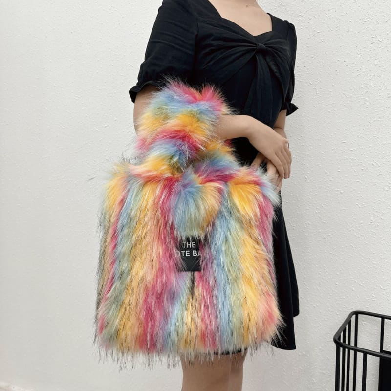 Crossbody Tote Bag Imitation Fur Large Capacity Bag Rainbow