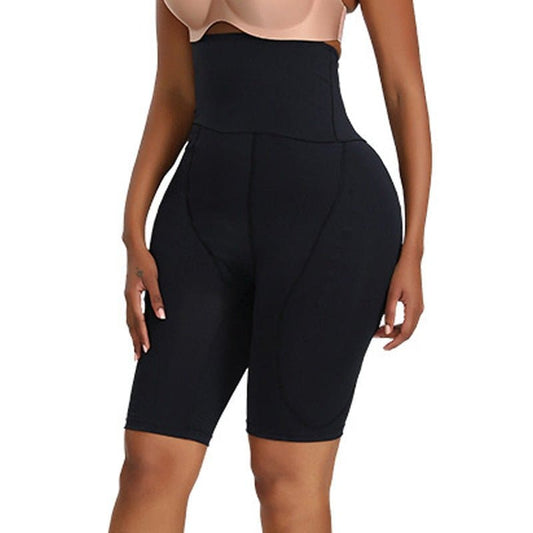 High-waisted black shapewear shorts designed to smooth and contour the midsection and thighs.