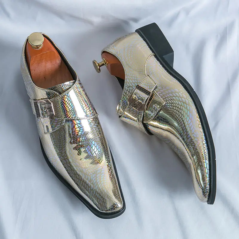 Stylish Iridescent Patent Metallic Snake Print Buckle Dress Shoes with textured design.