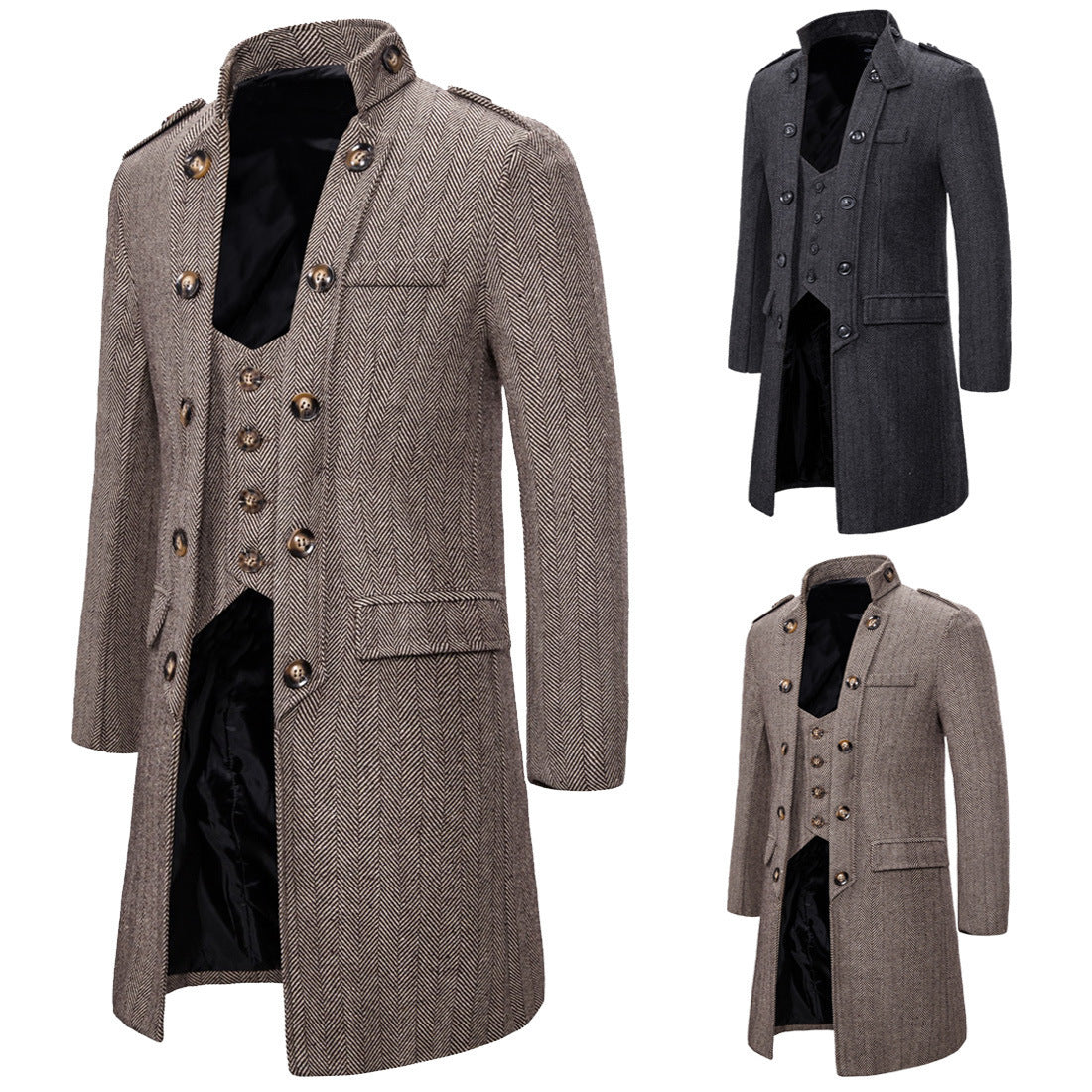 Mens Mid-length Herringbone Overcoat With Attached Waistcoat