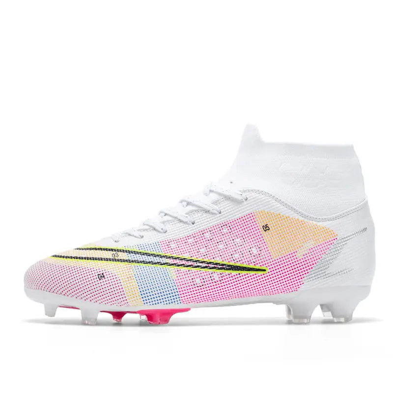 Crampon de football blanc avec motif arc-en-ciel pour Homme High Top AG Spike Artificial Astro Turf Football.