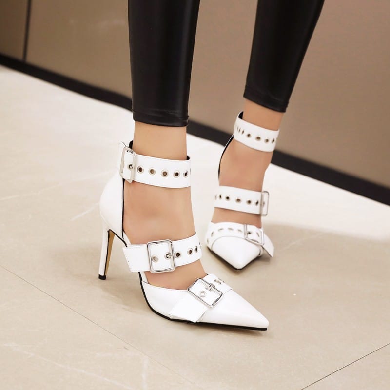High Heel Pointed Toe Metal Buckle Ankle Strap Sandals