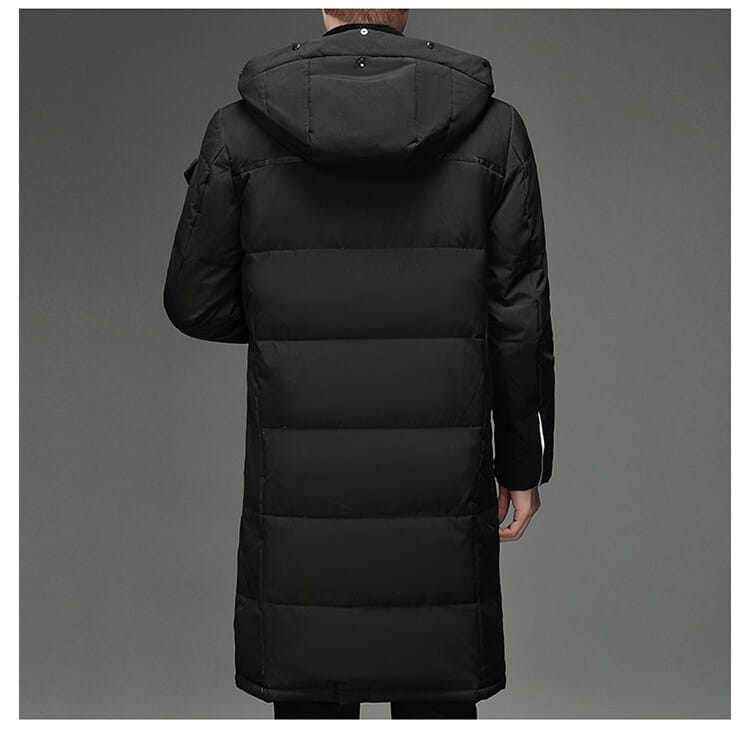 Black hooded winter puffer coat back view, a meticulously crafted knee length coat with thermal insulation.