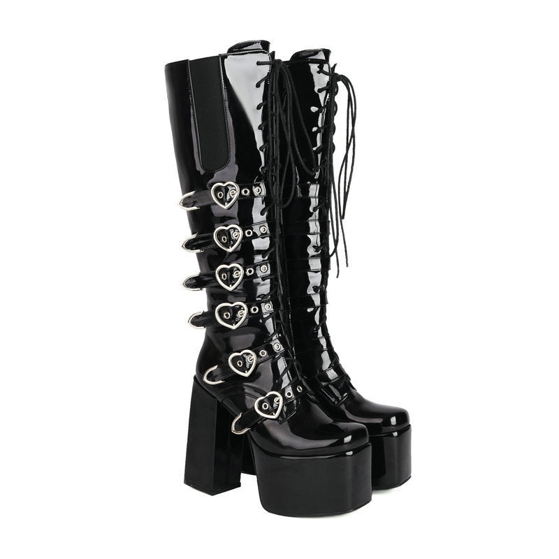 Unisex High Heel Punk Front Lace-up Multi Buckle High Leg Boots - Pleasures and Sins   Pleasures and Sins