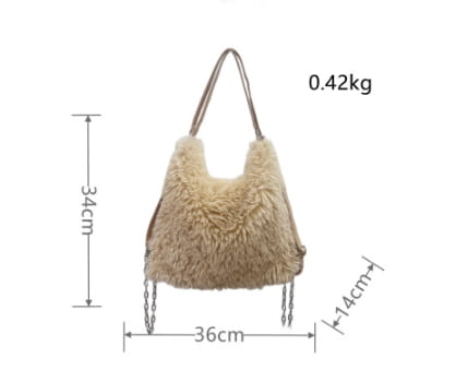 Beige furry handbag with double handles showcasing the plush large capacity design.