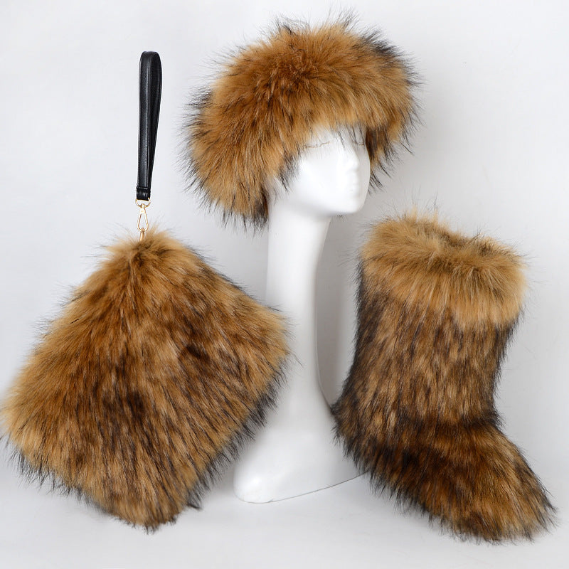 Padded Imitation Fur Women's 3 Piece Snow Boots, Hat and Bag