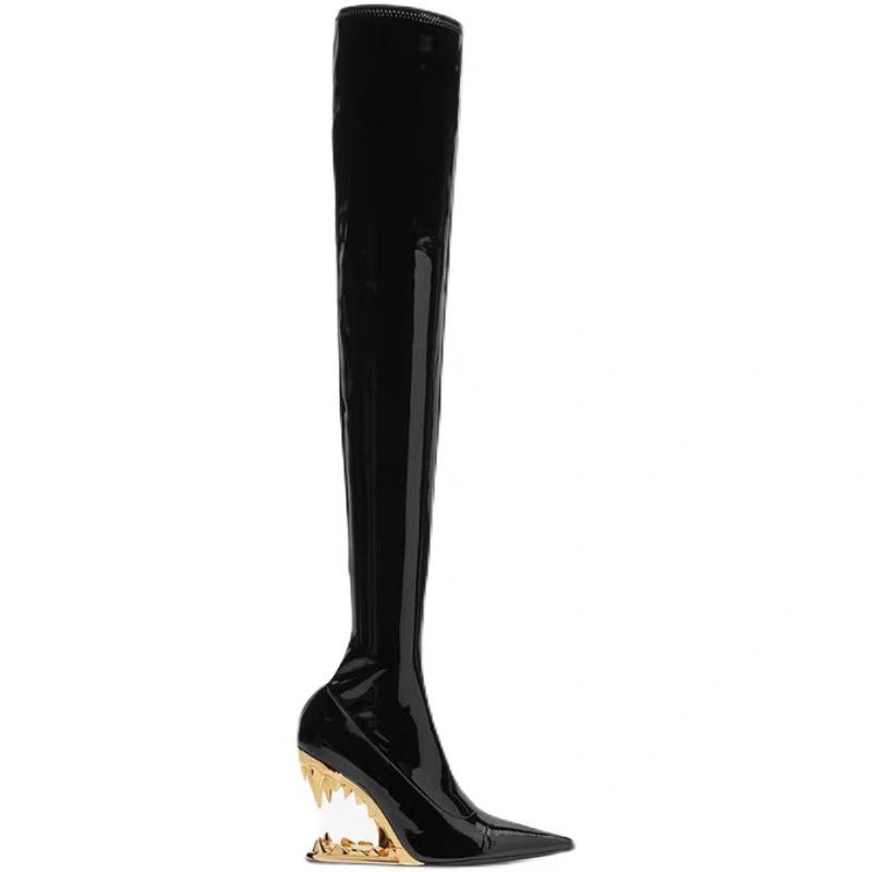 Tiger Teeth, Shark Mouth Shape Heels, Fitted Luxury Thigh Length Boots