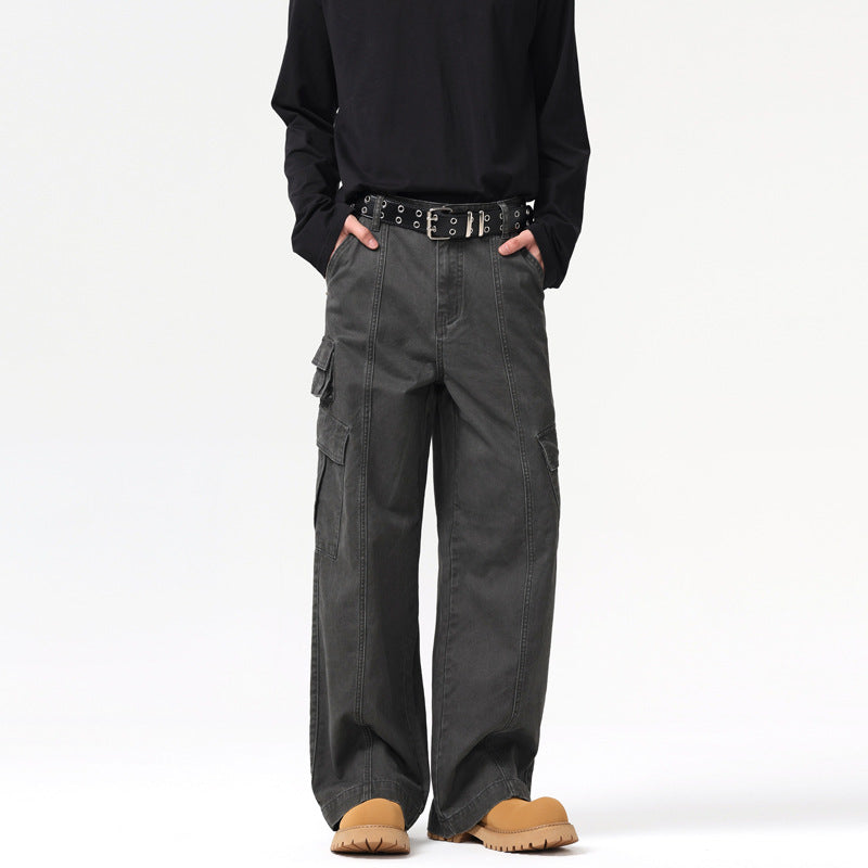 Mens Washed-out Vintage Multi-pocket Wide Leg Patchwork Cargo Pants