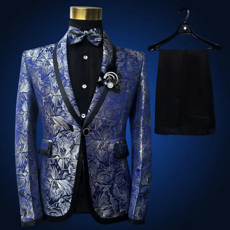 Men’s Blue Floral Wedding Prom Suit With Bow Tie