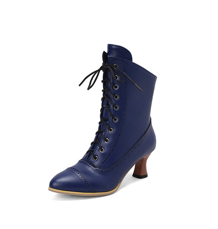 Navy Blue Victorian Style Lace-Up Boot with Curved Heel for Women’s Retro Steampunk Look