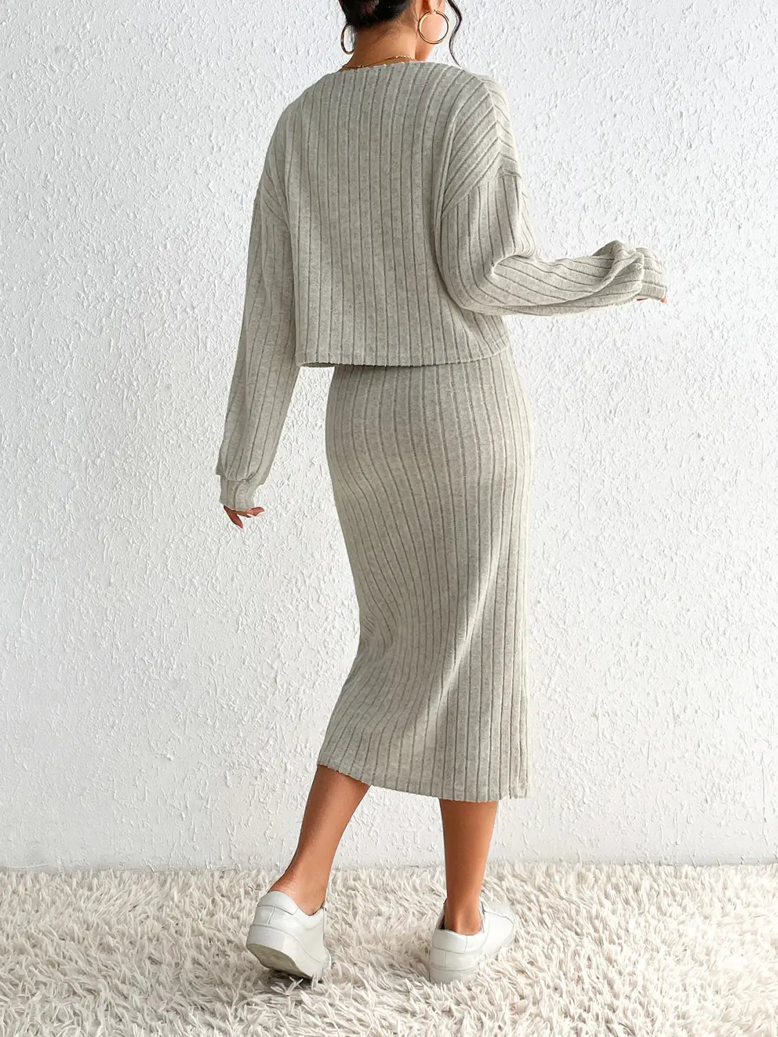 Ladies Long Sleeve Knitted Dress and Jacket Two-piece Set