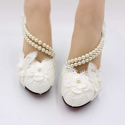 Floral With Pearl Strap High Heel White Wedding Shoes