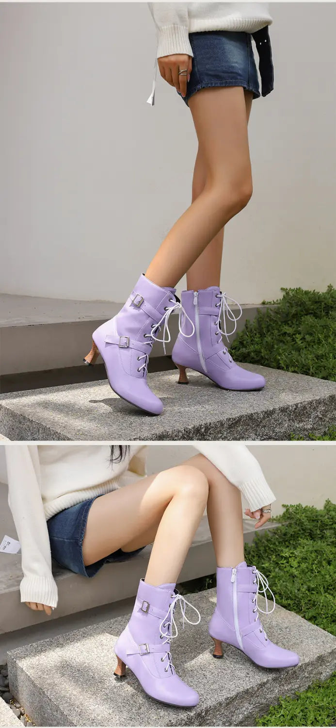 Lilac mid heel lace-up ankle boots with a chunky heel and trendy multi buckles.