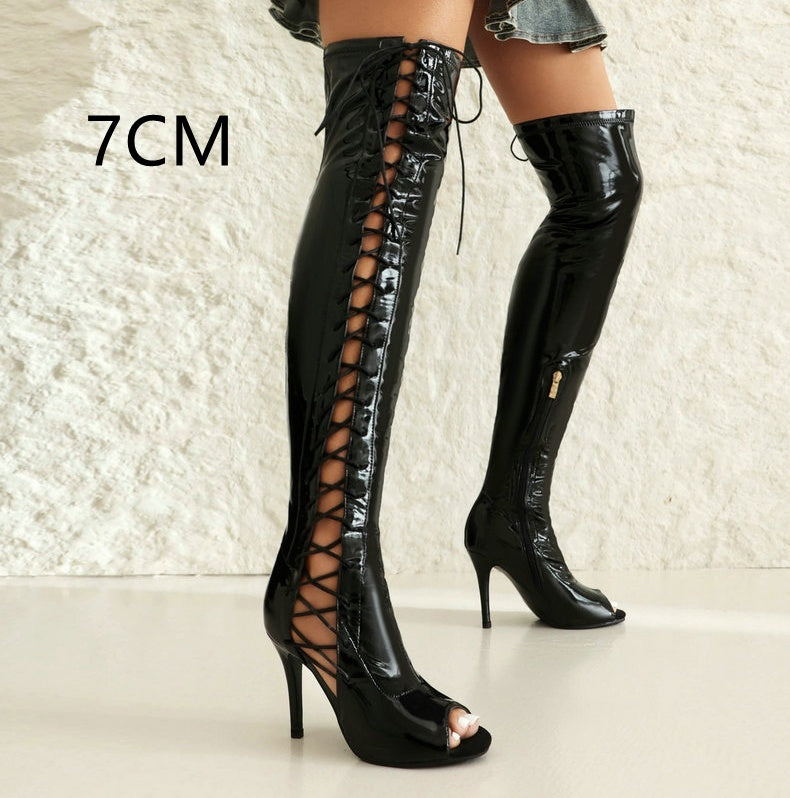 Patent Stretch Over-the-knee Open Toe Side Lace Up Boots