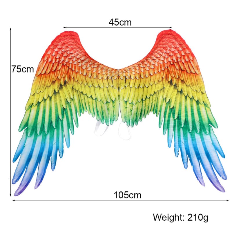 Colorful rainbow-patterned wings with feather-like details and measurements indicated.