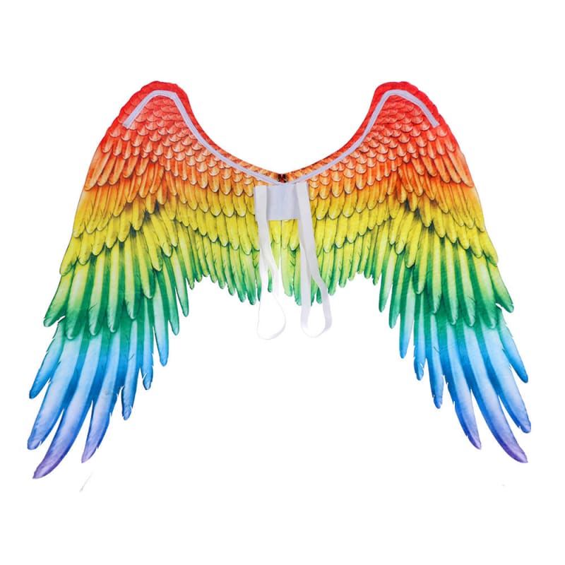 Rainbow-colored feathered wings with a white center strap.