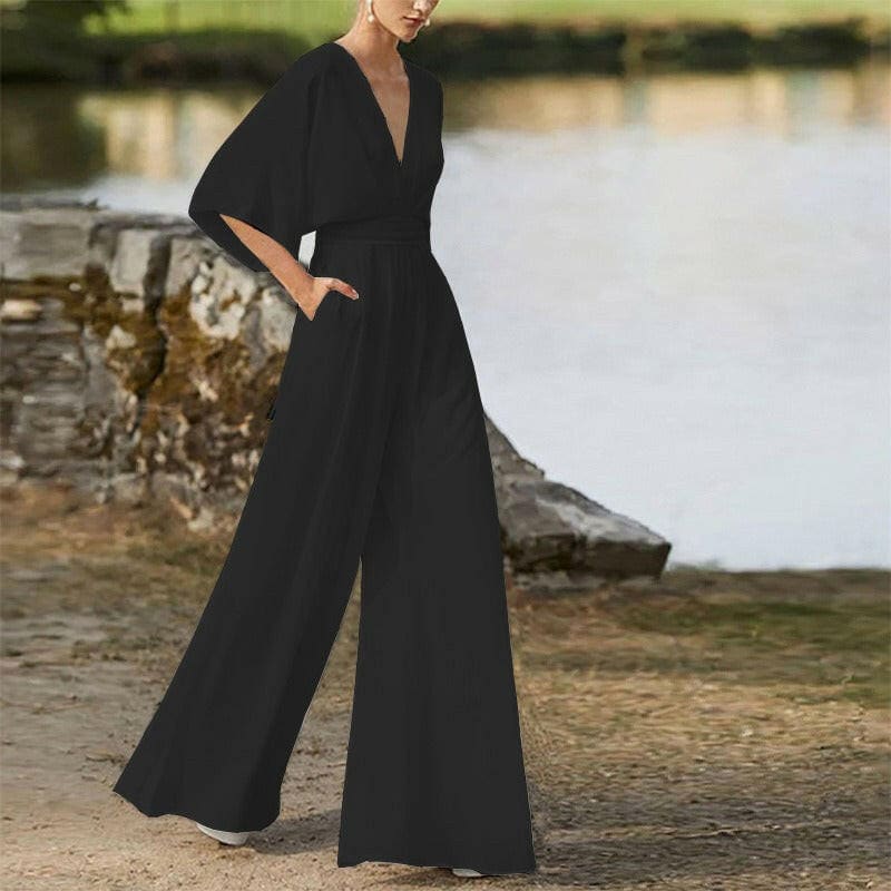 Deep V-High Waist Wide Leg Long Pants Jumpsuit black / S