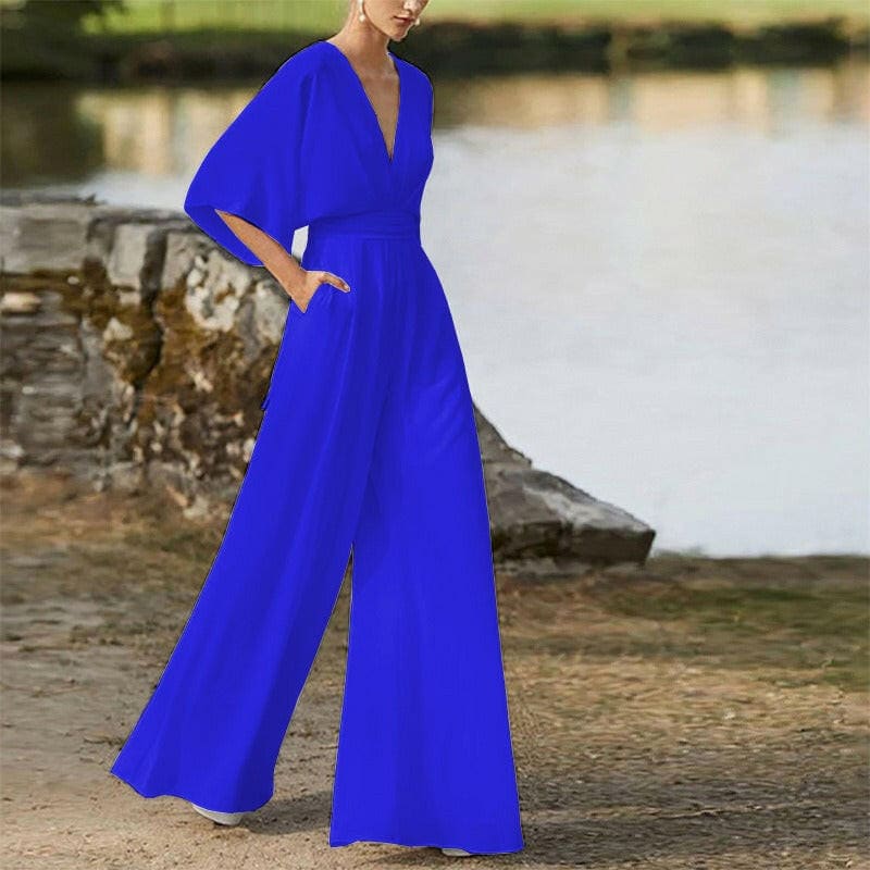 Deep V-High Waist Wide Leg Long Pants Jumpsuit blue / S