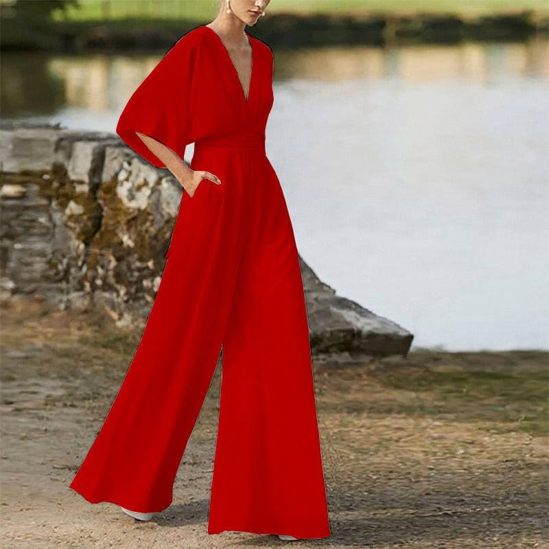 Deep V-High Waist Wide Leg Long Pants Jumpsuit