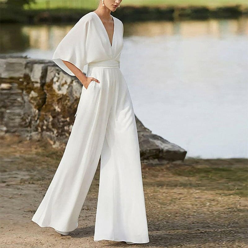 Deep V-High Waist Wide Leg Long Pants Jumpsuit