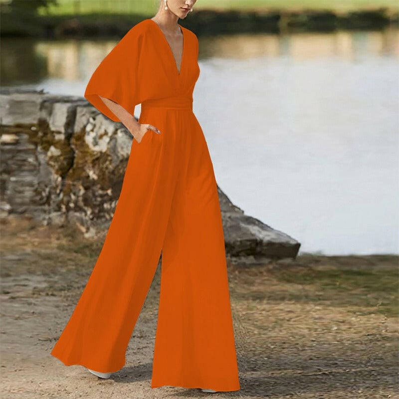 Deep V-High Waist Wide Leg Long Pants Jumpsuit orange / S