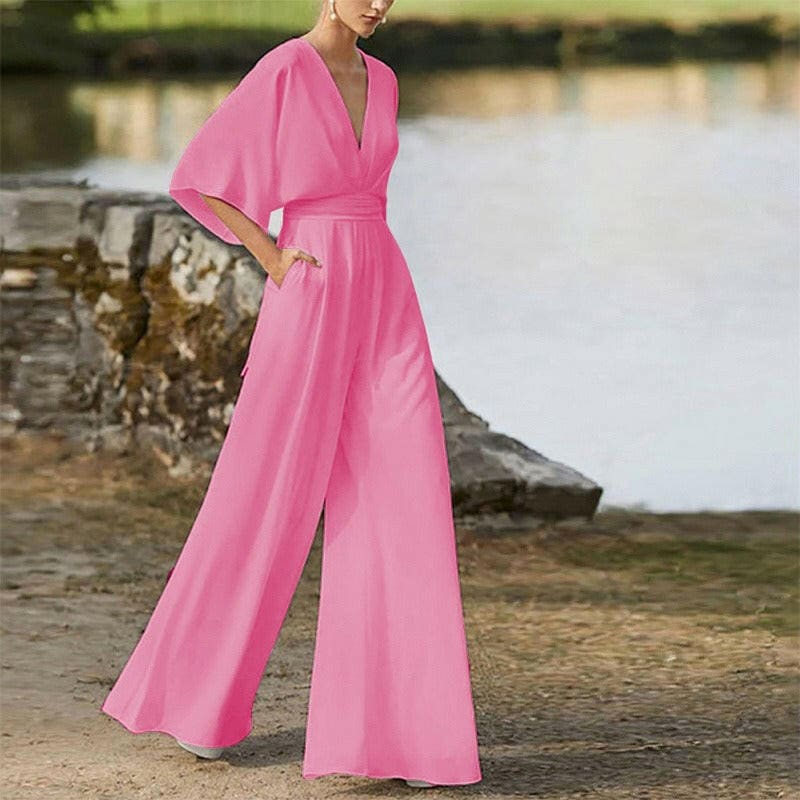 Deep V-High Waist Wide Leg Long Pants Jumpsuit pink / S