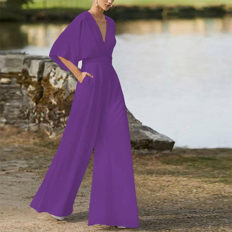 Deep V-High Waist Wide Leg Long Pants Jumpsuit purple / S