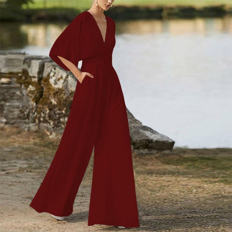 Deep V-High Waist Wide Leg Long Pants Jumpsuit wine red / S