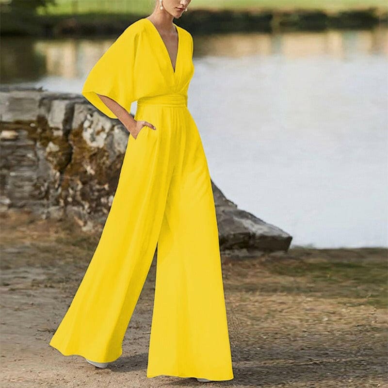 Deep V-High Waist Wide Leg Long Pants Jumpsuit yellow / S