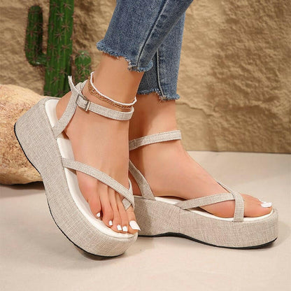 Denim Thong Open Toe Thick-wedge Womens Shoes