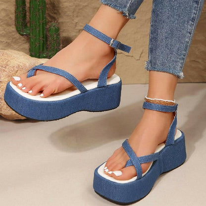 Denim Thong Open Toe Thick-wedge Womens Shoes Blue / Size35