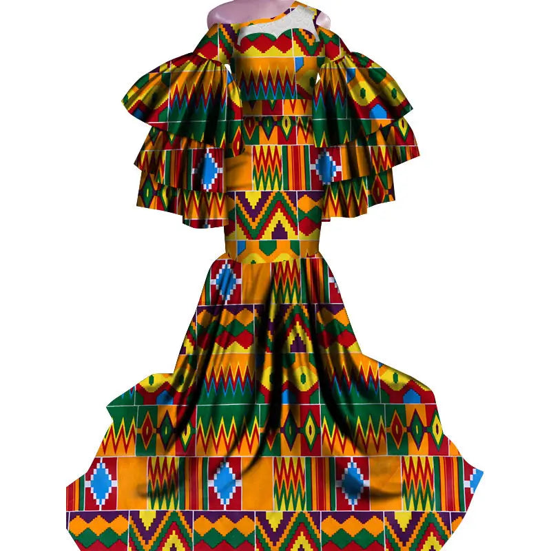 Ladies African Print Traditional Fishtail Dress with vibrant kente patterns and ruffled sleeves.