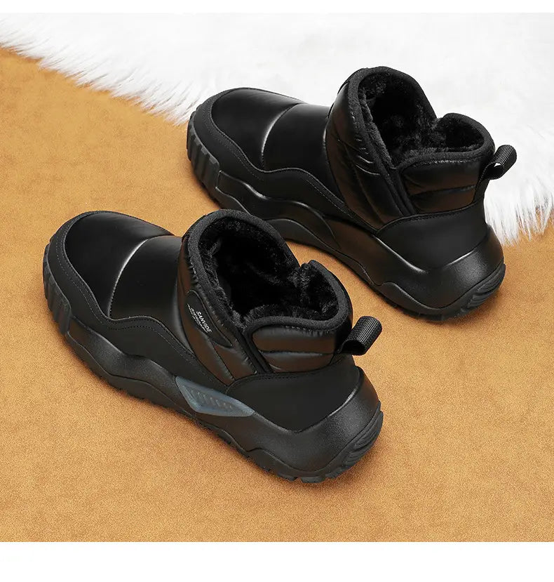 All-black athletic sneakers with chunky soles for Futuristic Silver and Black Fluff Thickened Warm Winter Boots.