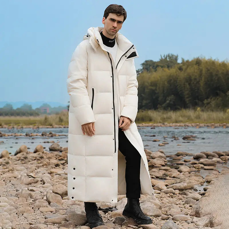 Men’s Luxury Padded Quilted Long Coat in long white with black trim, perfect for style.