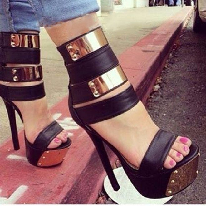 Ladies Open Toe Metal Detail Studded Platform Heel Shoes - Pleasures and Sins   Pleasures and Sins