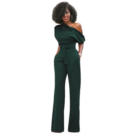 Diagonal Collar Button Jumpsuit Wide Leg Pants army green