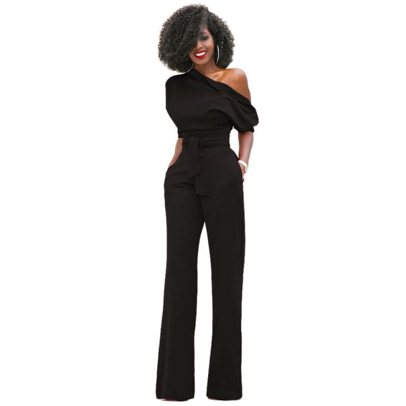 Diagonal Collar Button Jumpsuit Wide Leg Pants black / S