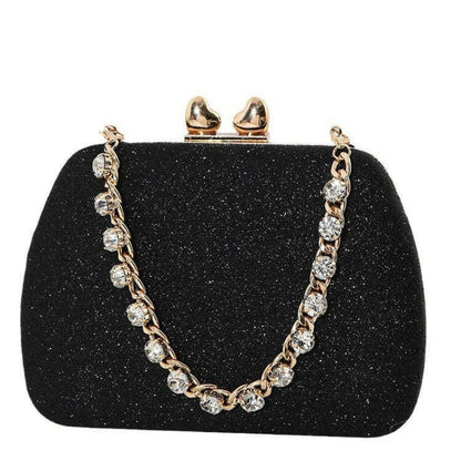 Glittery black clutch purse with a jeweled chain strap and gold clasp.