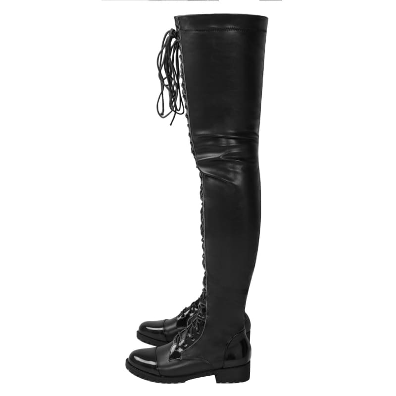 Black leather over-the-knee boot with lace-up detail and a low heel.